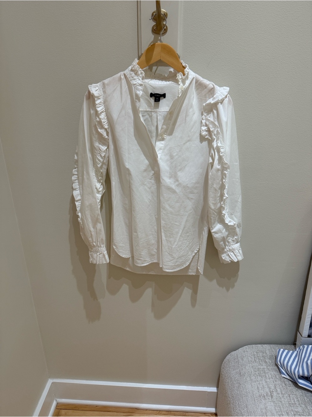 J. Crew White Ruffle-Trim Popover Button-Front Blouse